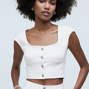 Madewell Denim Darted Crop Top Womens 4  Cap Sleeve Square Neck Western Casual